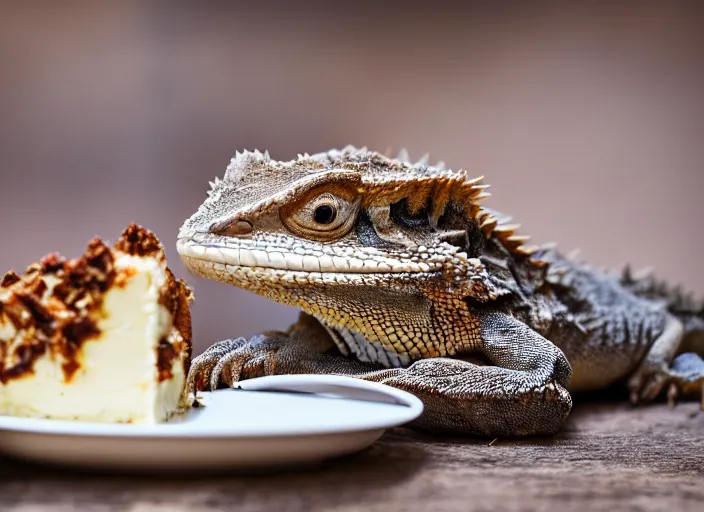 Image similar to dslr portrait still of a bearded dragon eating a slice of cheesecake, 8 k 8 5 mm f 1. 4