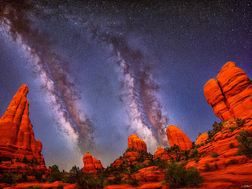 Image similar to sedona's cathedral rock bluff, night, milky way, intricate lines, elegant, extreme detail, sharp focus, photo realistic, ultra realistic, photographic