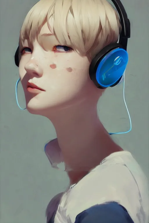 Prompt: a cute young woman listening to music with her eyes closed and wearing headphones in the style of Ilya Kuvshinov and Range Murata, white bob cut hair, freckles, blue filter, blue and white, vivid colors, soft lighting, cinematic, moody, oil on canvas by Krenz Cushart, 8k