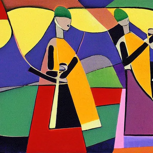 Prompt: fiddles play joyful music as women dance across the bridge at sunset, abstract art in the style of cubism”,