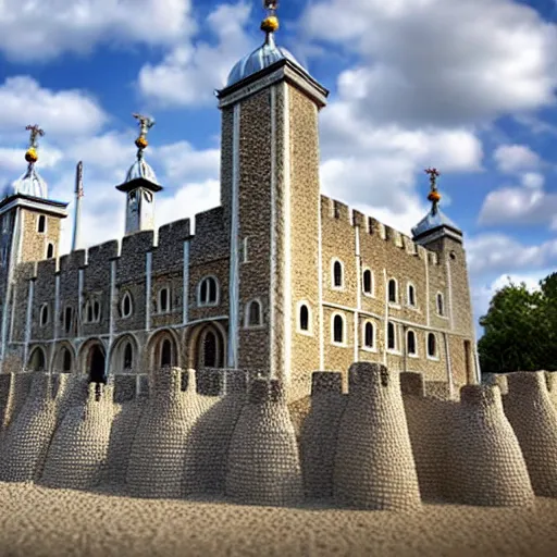 Prompt: full - size buzzbee guards outside tower of london sandcastle, tiltshift