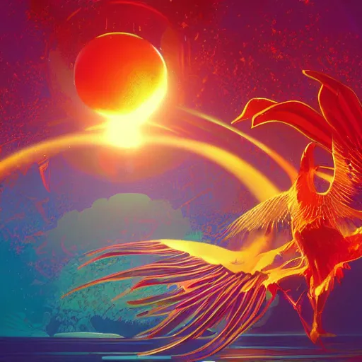 Prompt: the solarpunk phoenix, red bird, ornate egg, regeneration, landscape, epic composition, volumetric light, bokeh, painting by ilya kuvshinov and by makoto shinkai