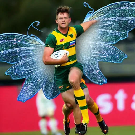 Prompt: australian football player lyndon dykes with fairy wings, scoring a goal, ball is on fire