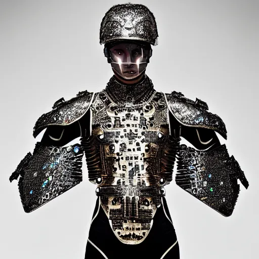 Image similar to a portrait of a beautiful young male wearing an alexander mcqueen armor made of computer circuits , photographed by andrew thomas huang, artistic