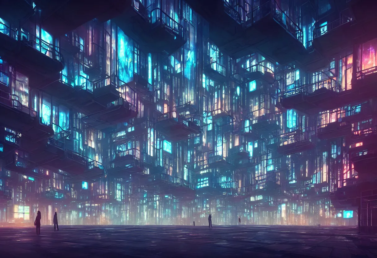 Image similar to inside of dystopian future cityscape with hundreds of illuminated windows and signs, of human mind and imagination, matte painting, beautiful render, octane render, concept art