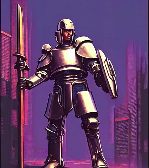 Image similar to a large cyberpunk paladin in rounded heavy plate armor with large shoulder pads and a spartan helmet wearing a crusaders helmet he is holding a large axe in a cyberpunk setting, 1 9 7 9 omni magazine cover, style by vincent di fate, artgerm, cyberpunk 2 0 7 7, very coherent, detailed, 4 k resolution, unreal engine, daz