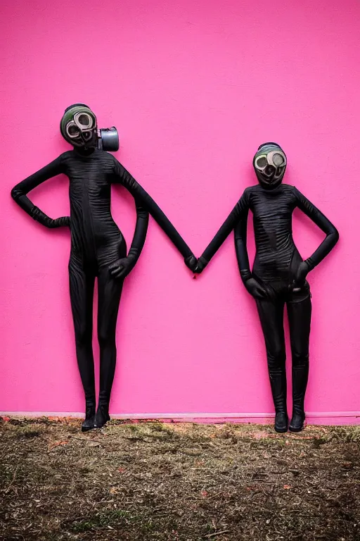 Image similar to a surreal portrait of intertwined and contorted figures wearing gas mask next to a pink wall in the style of brooke didonato, editorial fashion photography from vogue magazine, full shot, nikon d 8 1 0, ƒ / 2. 5, focal length : 8 5. 0 mm, exposure time : 1 / 8 0 0, iso : 2 0 0