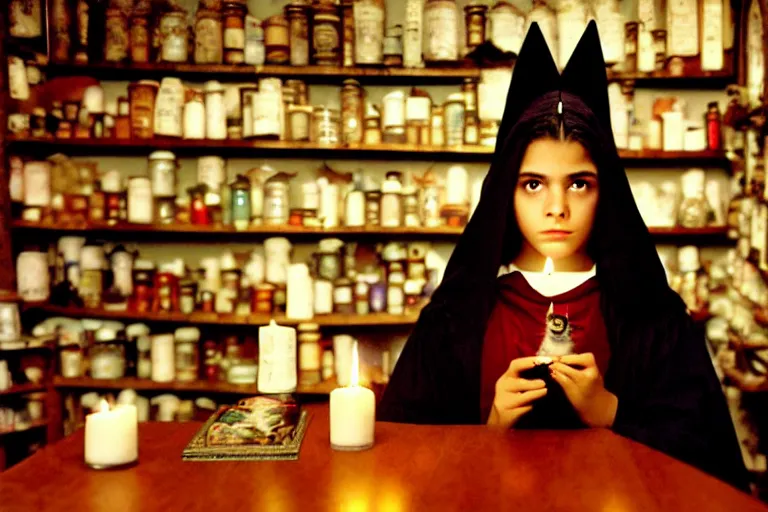 Prompt: 2 0 0 0's photo, close up portrait, dramatic lighting, concentration, calm confident hispanic teen witch and her cat, on candle and tarot cards displayed on the table in front of her, a witch hat and cape, apothecary shelves in the background, still from harry potter, alphonse mucha