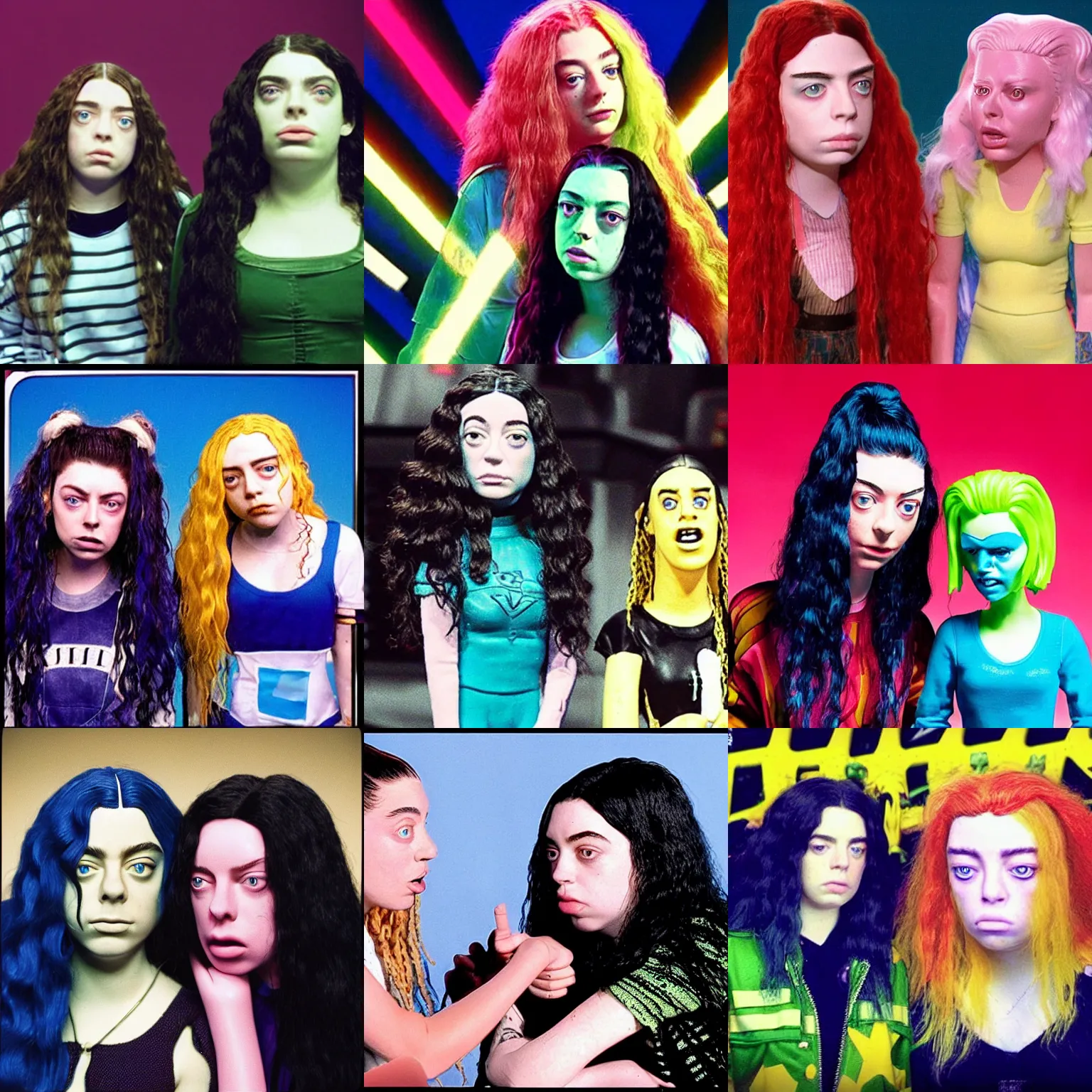 Prompt: “tv still of Lorde vs. Billie Eilish on Celebrity Deathmatch (1998)”