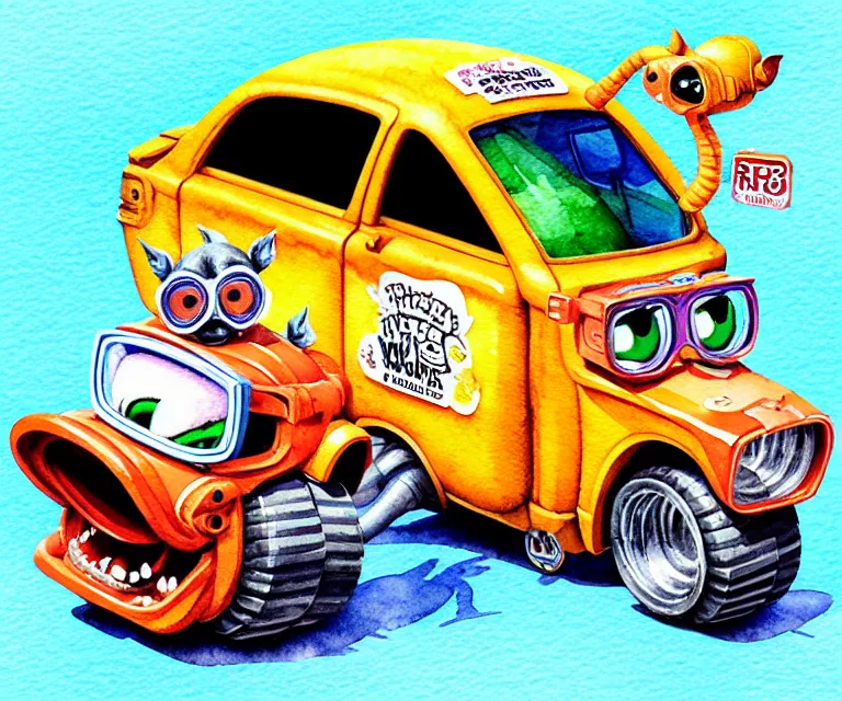 Image similar to cute and funny, horse wearing goggles driving a tiny hot rod with an oversized engine, ratfink style by ed roth, centered award winning watercolor pen illustration, isometric illustration by chihiro iwasaki, edited by craola, tiny details by artgerm and watercolor girl, symmetrically isometrically centered