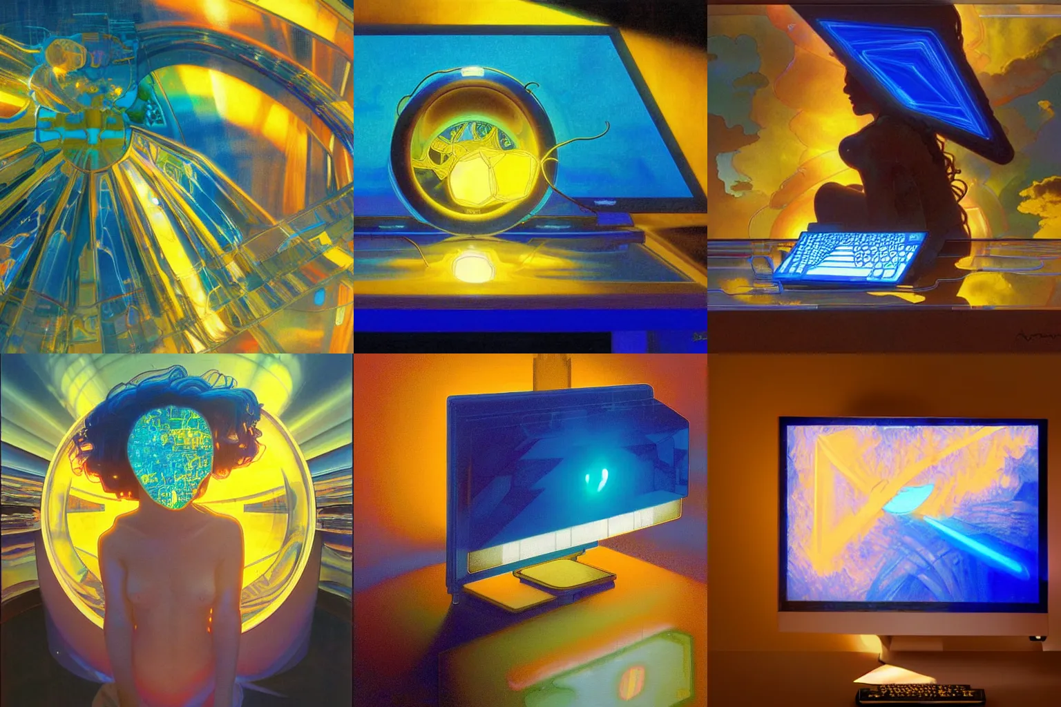 Prompt: an organic computer in liquid crystal refracting blue and yellow, backlit, sunset, refracted lighting, art by collier, albert aublet, krenz cushart, artem demura, alphonse mucha