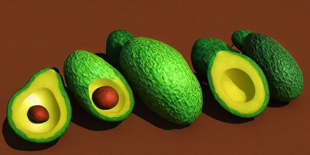 Image similar to “persistence of avocados by Jhonen Vasquez, 3D rendered, highly detailed, trending on artstation”