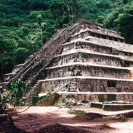 Image similar to mayan pyramids in a jungle next to a camp with tents and a river, photorealistic, highly detailed, photo, cinestill