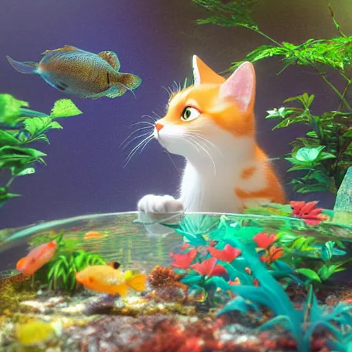 Prompt: Manga cover portrait of an extremely cute and adorable beautiful curious hungry cat peering into a vibrant aquarium, 3d render diorama by Hayao Miyazaki, official Studio Ghibli still, color graflex macro photograph, Pixiv, DAZ Studio 3D