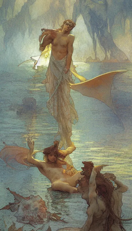 Prompt: man on boat crossing a body of water in hell with creatures in the water, sea of souls, by alfons maria mucha