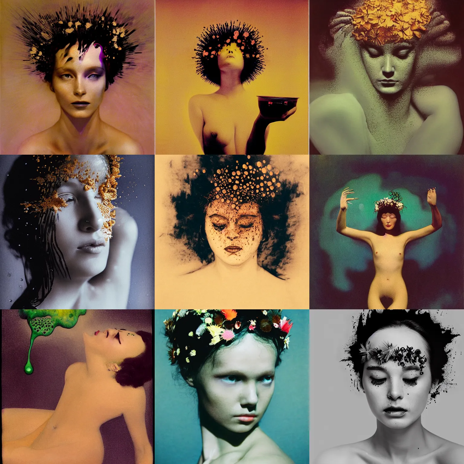 Prompt: melting woman emerging from milk and ferrofluid, kodak portra, 8 k, soft light, fine art portrait photography, flower crown, fashion photography, maxfield parrish, camille vivier, moebius, james jean, yoji shinkawa, odilon redon, gaston bussiere, eugene grasset, janis rozentals