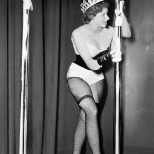 Prompt: queen elizabeth as a stripper, pole dancer quality photo