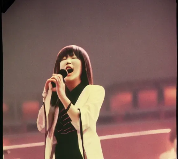 Image similar to photo of singer singing in an japan 1 9 8 0 pop big concert, color photo, colored