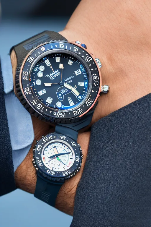 Prompt: product photograph of diving wrist watch with gmt functionality and a chronograph, highly detailed, sharp focus, light blue background, nikon d 7 8 0