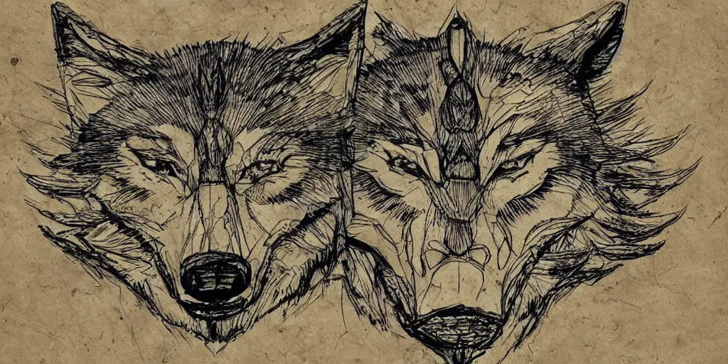 Image similar to face of a wolf. in the style of a Map-style Skyrim Lord of the rings map zelda breath of the wild map, video game style drawing on parchment