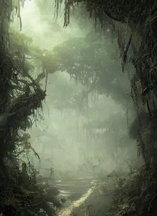 Prompt: decayed aircraft carrier Nimitz laying on the ground of a tropical forest overgrown with vegetation and hanging vines, post appocalyptic, by Luis Royo, by Greg Rutkowski, dark, gritty, intricate, cover illustration, concept art, volumetric lighting, volumetric atmosphere, sharp focus, octane render, trending on artstation, 8k