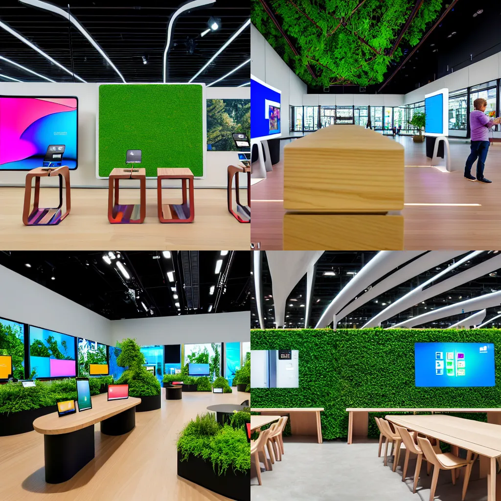 Prompt: (mobiles and tablets on display on large tables in a wood and concrete flagship retail interior Samsung Microsoft Apple Zaha Hadid empty stools, lush verdant plants, colorful digital screens) XF IQ4, 14mm, f/1.4, ISO 200, 1/160s, 8K, RAW, unedited, symmetrical balance, architectural photography, in-frame