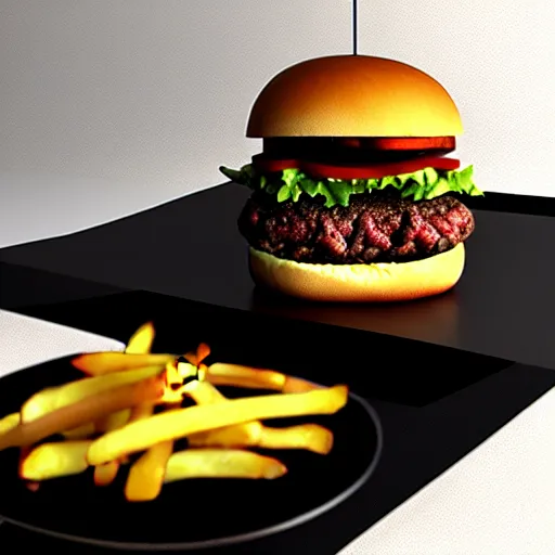 Image similar to a cat burger hybrid, with fries, volumetric lighting, 4 k