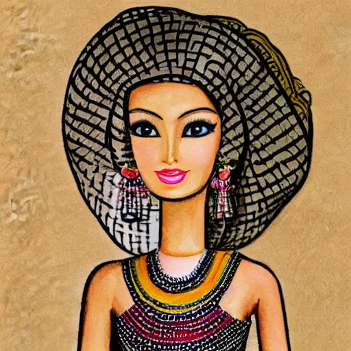 Prompt: painting of Barbie or Ken doll, illustration, realistic, watercolor and ink, art in the style of Mesopotamia 3000 to 4000 BCE and Protoliterate period, art by Yahya ibn Mahmud al-Wasiti and Firyal Al-Adhamy-n 6