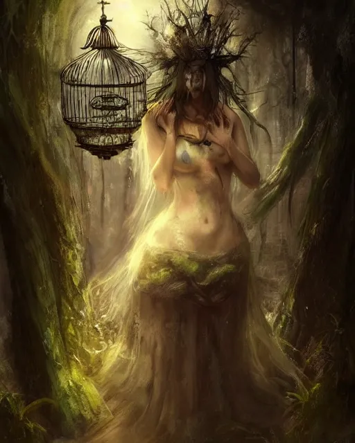 Image similar to Girl with a birdcage on her head, horror, forest. Unreal engine, fantasy art by Adolf von Menzel. Accurate expression, perfect anatomy GL, glowing light