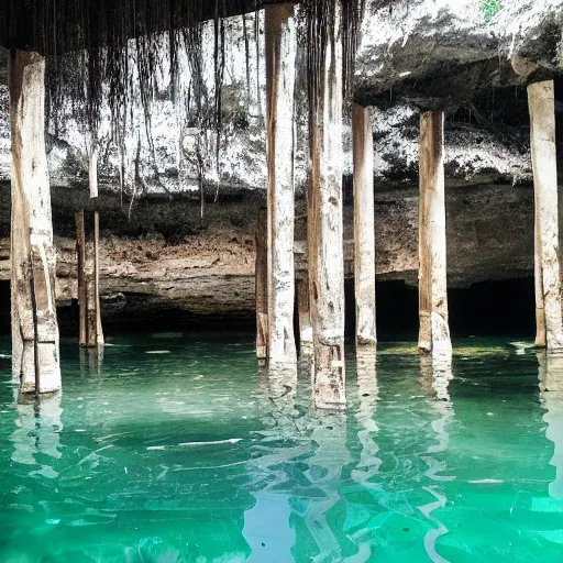 Prompt: cenotes with geometric hexagonal platform made of bones in the water