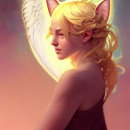 Image similar to Portrait of a girl angel with blonde hair, cat ears, glowing halo, wings, fantasy, intricate, elegant, highly detailed, digital painting, artstation, concept art, smooth, sharp focus, illustration, art by Krenz Cushart and Artem Demura and alphonse mucha