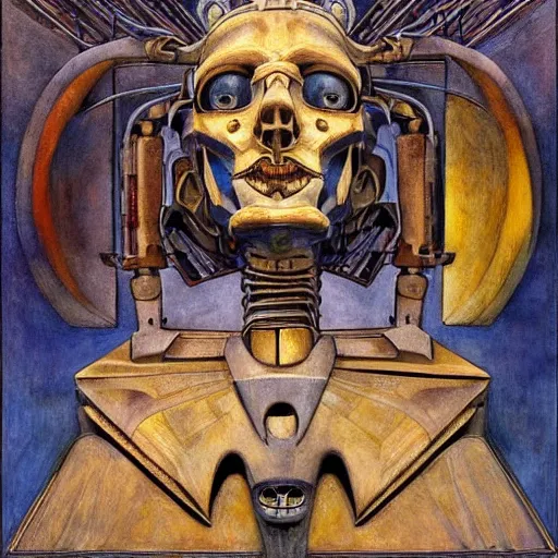 Image similar to the robot wearing the bone crown, by Annie Swynnerton and Diego Rivera, symbolist, dramatic lighting, elaborate geometric ornament, Art Brut ,god rays, soft cool colors,smooth, sharp focus, extremely detailed, Evelyn De Morgan