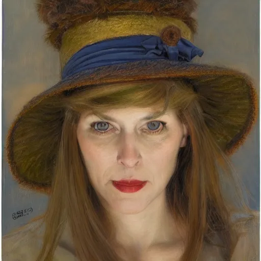 Prompt: portrait of a woman with little horns that peek out of her hat, by donato giancola.