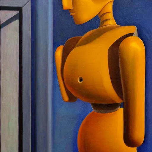 Prompt: super - intelligent robot with kind eyes portrait, grant wood, pj crook, edward hopper, oil on canvas