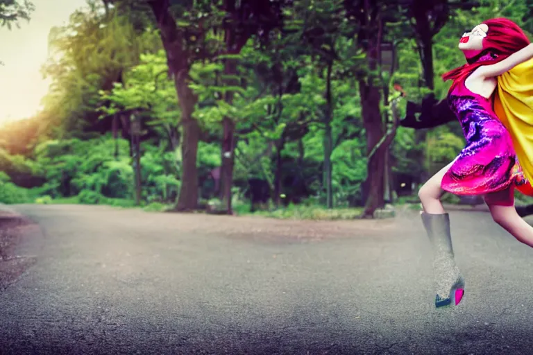 Image similar to photo, young woman running from monster, high heels, colorful kimono