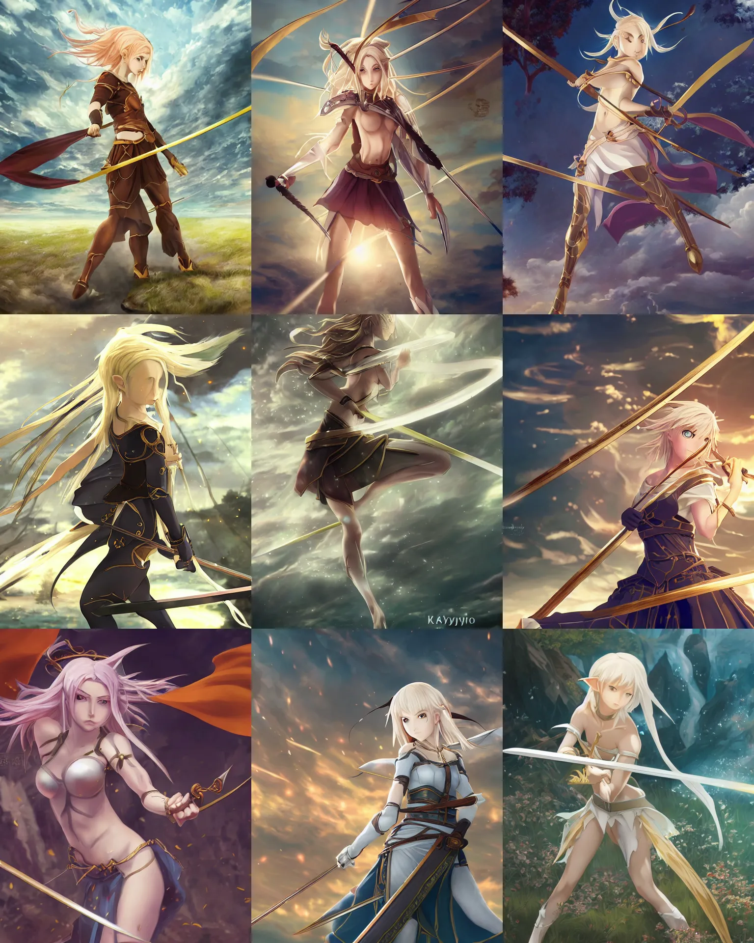 Prompt: renaissance art anime brave elf girl with white skin, strong pose, katana in hand, golden hair blowing the wind, trending artistic art, dynamic photography, centered, fate zero, extremely high detailed, bokeh color background, studio ghibly makoto shinkai yuji yamaguchi, wlop