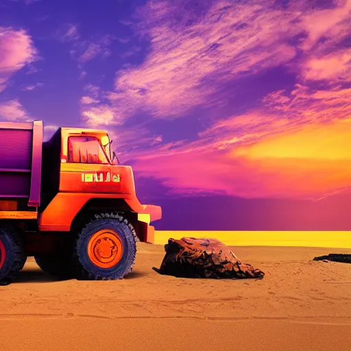 Prompt: a mining dump truck chilling on the beach, sunset, vaporwave