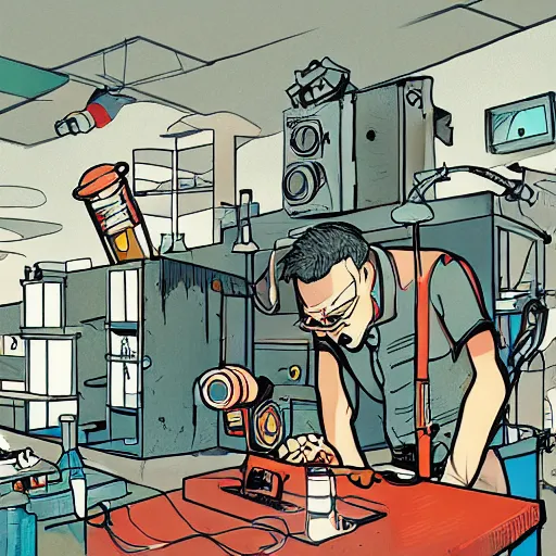 Image similar to editorial illustration of a laboratory setup from a mad scientist, zombi apocalypse, photography, fine texture, dynamic composition, detailed, dynamic perspective, colorful modern