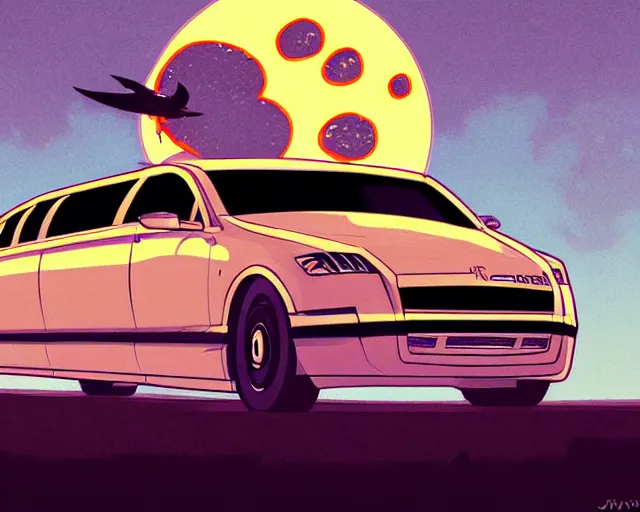 Image similar to a study of cell shaded cartoon big fat limousine, in front of a big moon, illustration, wide shot, muted colors, post grunge, concept art by josan gonzales and wlop, david rubin, mike mignola, laurie greasley, highly detailed, sharp focus, trending on artstation, hq, deviantart, art by artgem