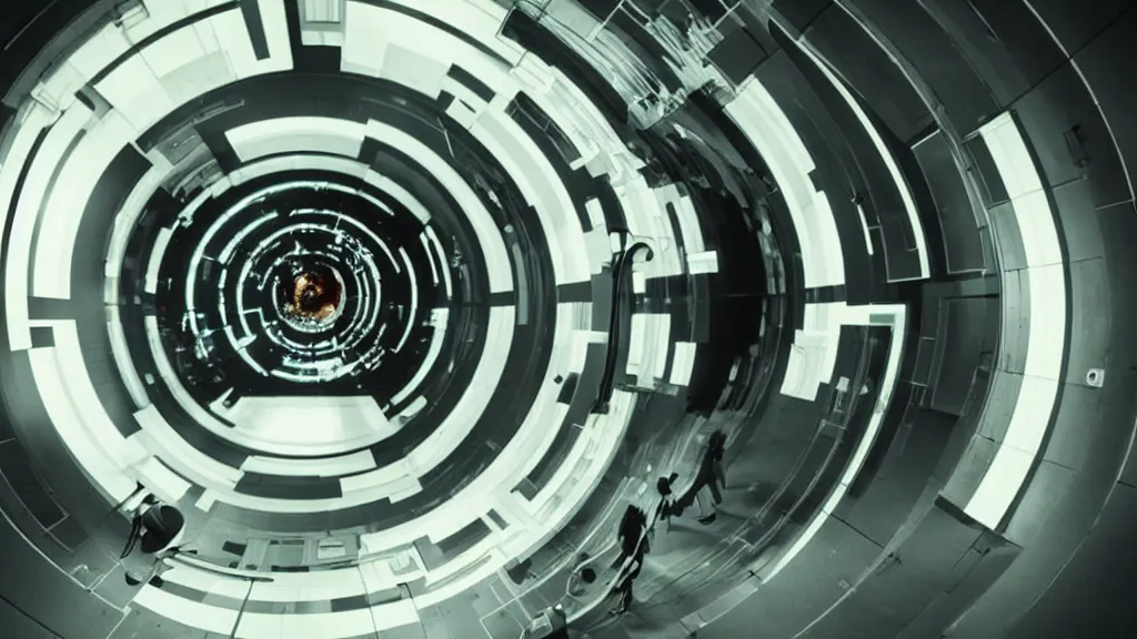 Image similar to an mri image open mri machine time tunnel portal in the living room, film still from the sci fi movie directed by denis villeneuve with art direction by salvador dali, wide lens