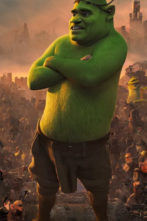 Prompt: portrait of Hitler dressing up as Shrek, rule of thirds, starring in Thor: Ragnarok 2019 fim, dystopian Nazi stadium, massive scale, photo realistic by Yaşar VURDEM , artstation, unreal engine, character concept art by Moebius, high quality printing