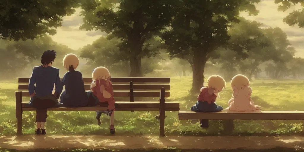 Image similar to a family with sorrow faces sitting on a bench, close up shot, anime art, Greg Rutkowski, studio ghibli, dramatic lighting