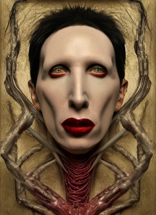 Image similar to portrait of Marilyn Manson with translucent skin, visible muscles and veins and arteries and bones and spines and nerves, beautiful detailed intricate insanely detailed octane render, 8k artistic photography, photorealistic, chiaroscuro, by David Cronenberg, Raphael, Caravaggio