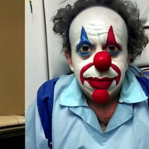 Image similar to clown in four point restraints in hospital bed, nurse preparing medications