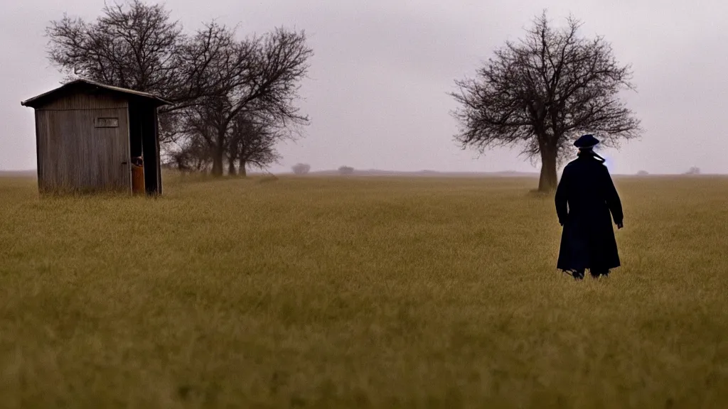 Image similar to a man in a trench coat walks to a shack in a field, film still from the movie directed by Denis Villeneuve, wide lens