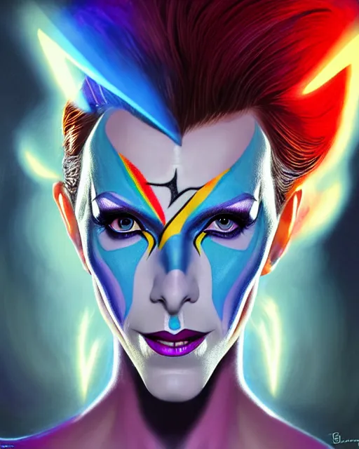 Prompt: moira from overwatch, david bowie lightning bolt face paint, character portrait, portrait, close up, highly detailed, intricate detail, amazing detail, sharp focus, vintage fantasy art, vintage sci - fi art, radiant light, caustics, by boris vallejo