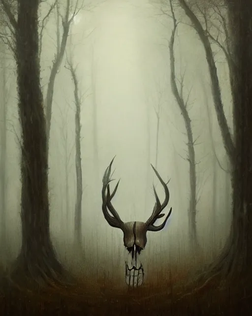 Prompt: oil painting of forest spirit made out of wooden sticks with a deer skull for a face, dark forest, fog, dark fantasy, gloomy, pale colors, by greg rutkowski