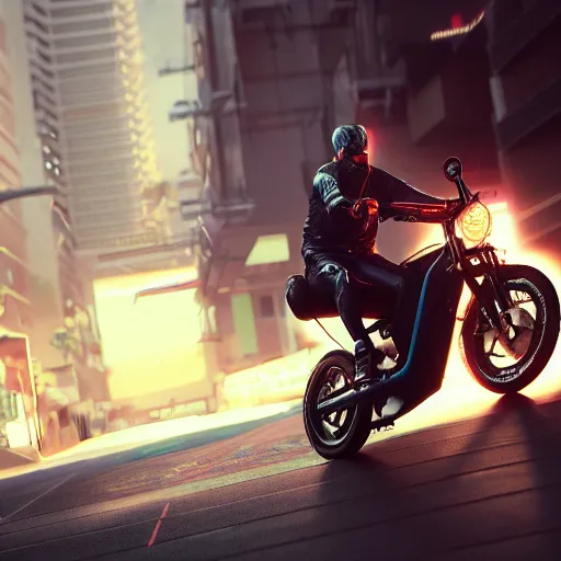 Prompt: a hyperrealistic 3d render of Remi Malek riding a bike. intricate details. arnold render. Trending on ArtStation. Centered. Vivid cinematic lighting. Cyberpunk background. In the style of LaVista.