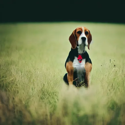 Image similar to beagle in a field, movie still, photography, DSLR 35mm, low light photography,