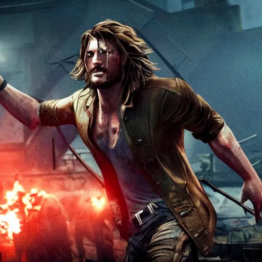 Image similar to trevor belmont in world war z, dynamic posing, illuminated face from the moon